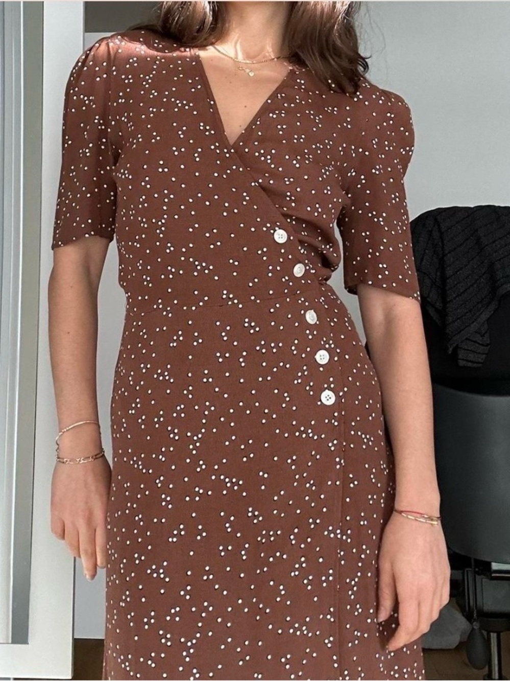 Rouje Gabinette Brown Polka Dot Wrap Midi Dress